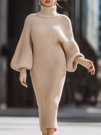 Beige High-Neck Balloon Sleeve Knitted Midi Dress