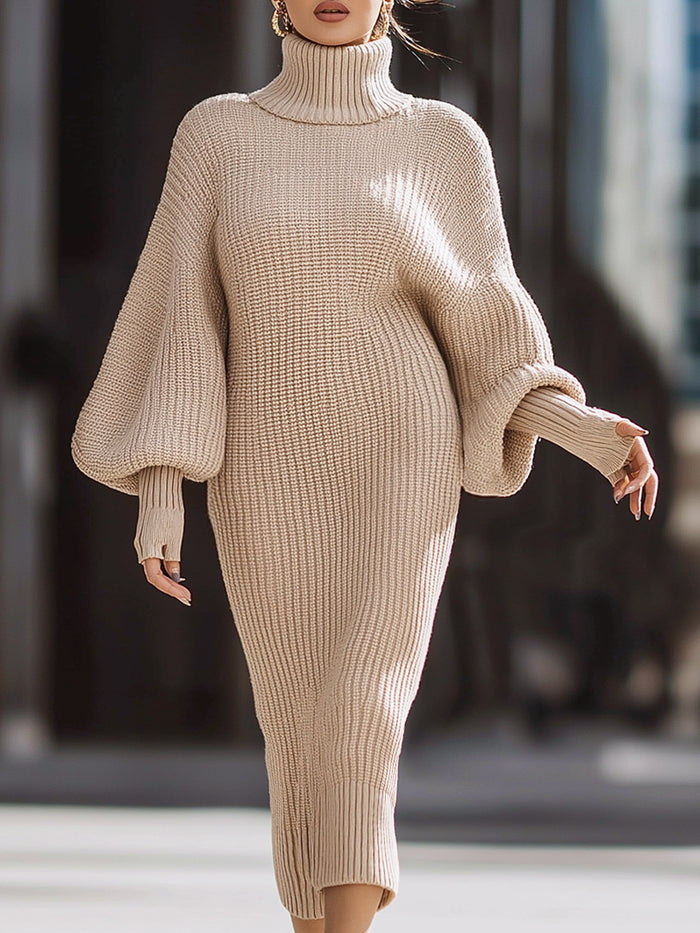 Beige High-Neck Balloon Sleeve Knitted Midi Dress