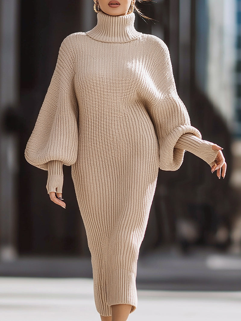 Beige High-Neck Balloon Sleeve Knitted Midi Dress