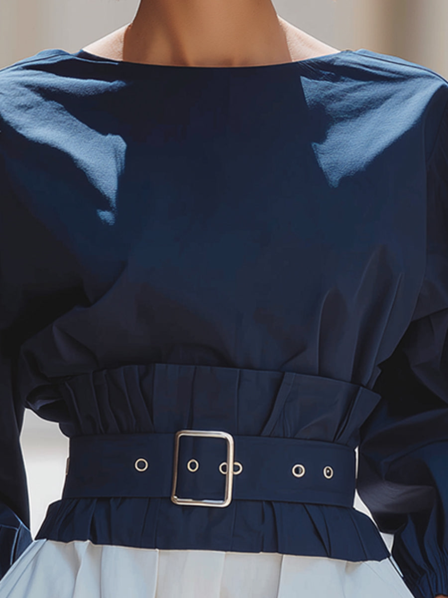 Belted Boat Neck Puff Sleeve Blouse