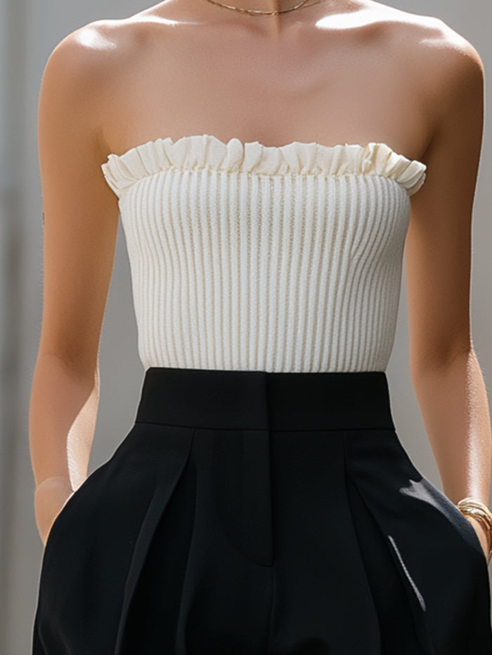 Strapless Ribbed Bandeau Top & Pleated Wide-Leg Trouser Set