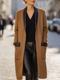 Camel Wool-Blend Coat With Contrast Leather Trim