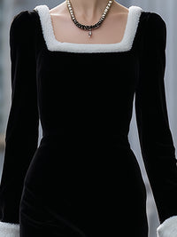 Velvet Square Neck Dress With White Trim