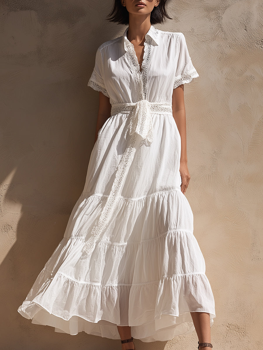 Lace-Trim Tiered Midi Dress