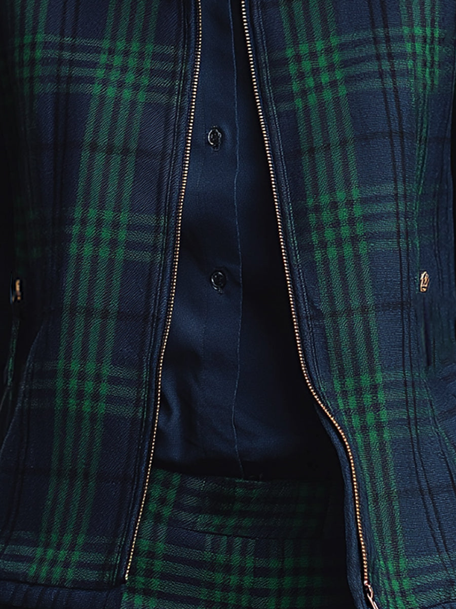 Navy And Green Plaid Zip-Up Jacket With Tailored Finish