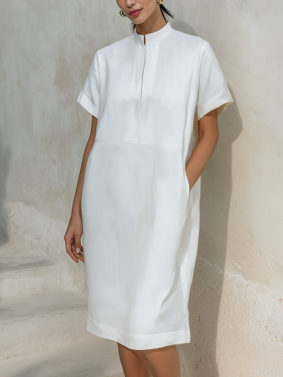 Minimalist Stand Collar Short Sleeve Midi Dress