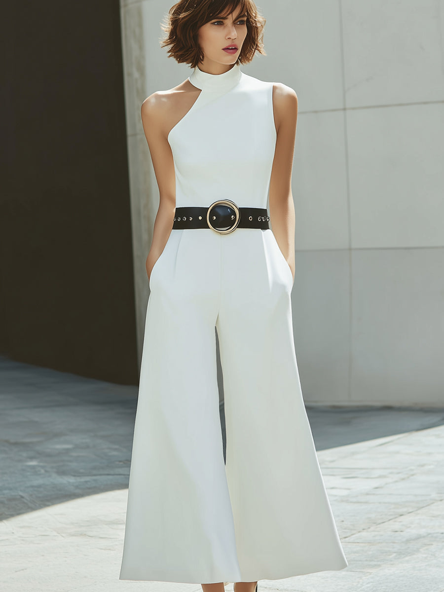 Asymmetric High-Neck Wide-Leg Jumpsuit With Statement Belt