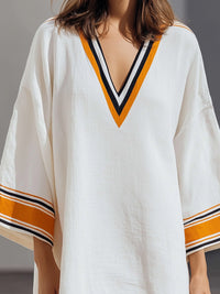 Contrast-Trim V-Neck Kaftan Mini Dress