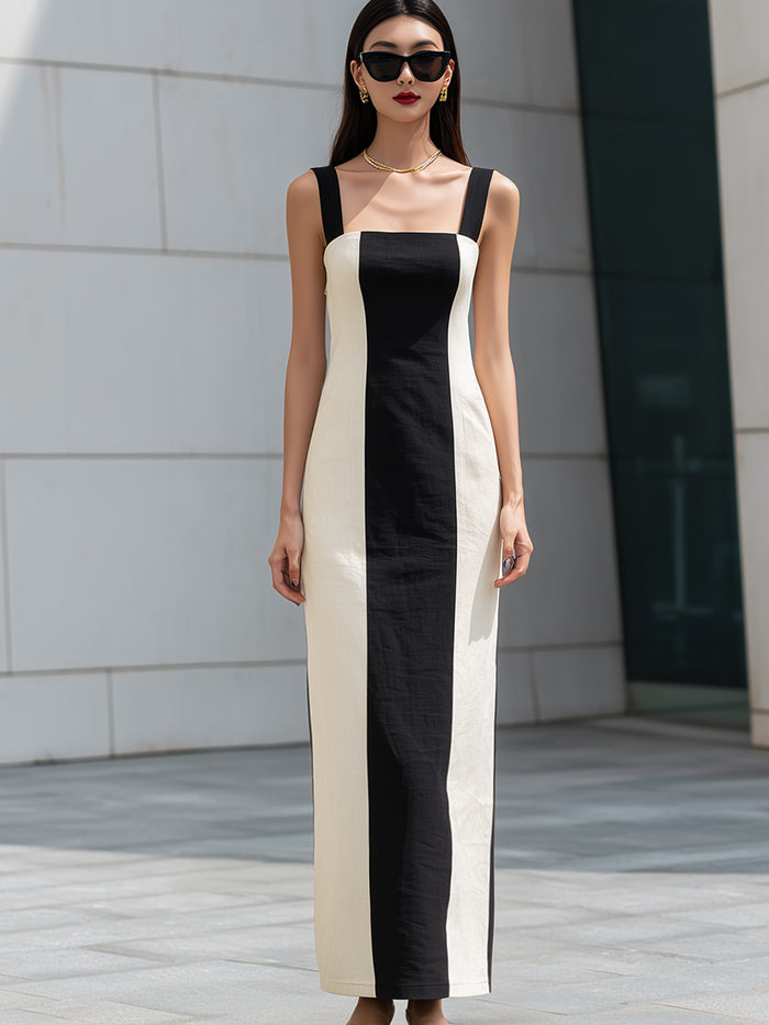 Contrast Panel Square-Neck Column Maxi Dress