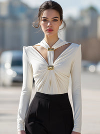 Gold-Bar Ruched Cutout Long-Sleeve Top