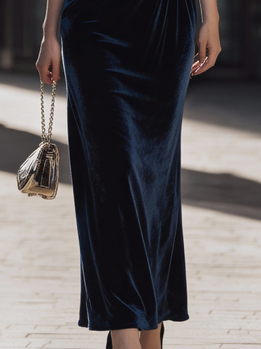 Midnight Blue Velvet Pleated Halter Floor-length Dress
