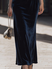 Midnight Blue Velvet Pleated Halter Floor-length Dress