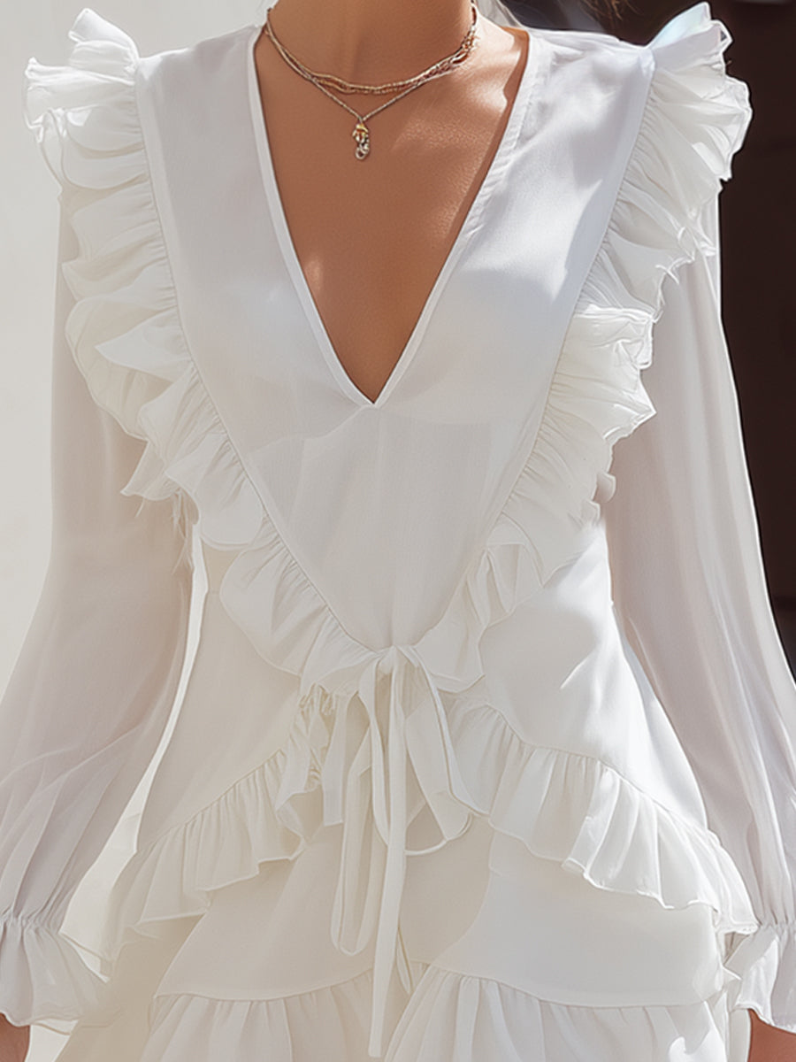 Ruffled V-Neck Smocked Waist Mini Dress