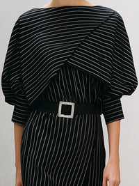 Asymmetrical Pinstripe Belted Midi Sheath Dress