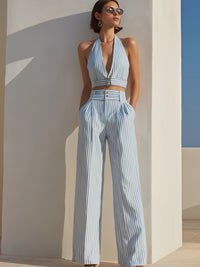 Blue & White Stripe Halter Crop Top And Wide-Leg Pants Set