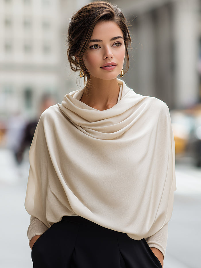 Elegant Draped Cowl-Neck Blouse With Soft Dolman Sleeves