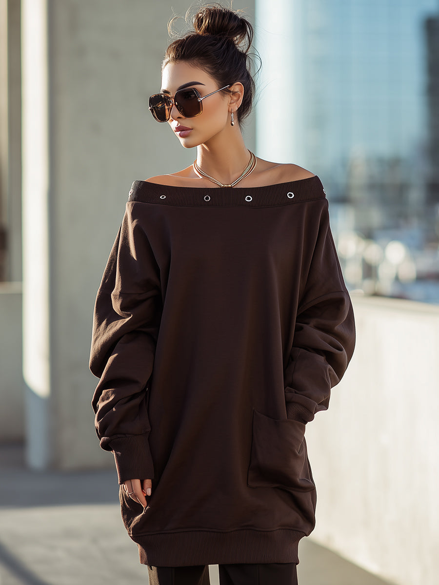 Off-Shoulder Chocolate Brown Oversized Sweatshirt Dress