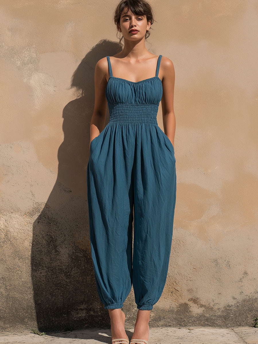 Elegant Smocked Waist Spaghetti Strap Harem Jumpsuit With Pockets