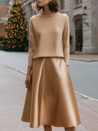 Minimalist Knit Top & Satin A-Line Skirt Set