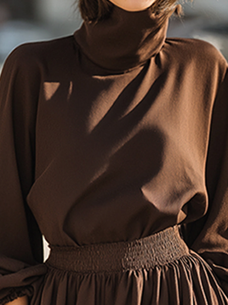 High-Neck Long-Sleeve Midi Dress