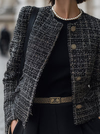 Classic Tweed Button-Up Short Jacket