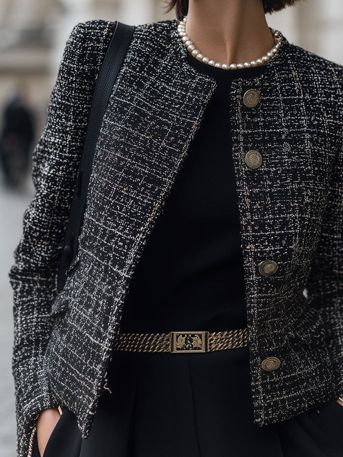 Classic Tweed Button-Up Short Jacket