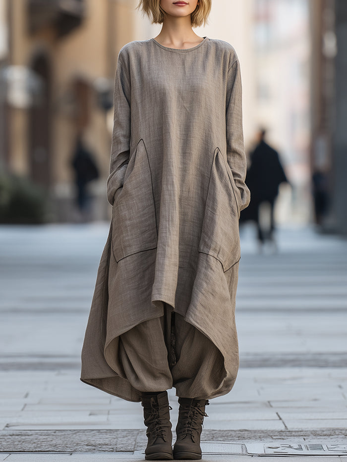 Relaxed Linen-Blend Cocoon Dress With Draped Hem