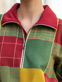 Color-blocked Zipper Plaid Sweatshirt