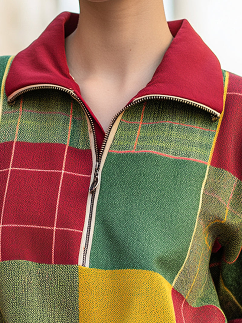 Color-blocked Zipper Plaid Sweatshirt