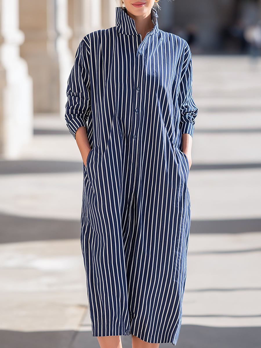 Vertical Stripe Stand-Collar Shirt Midi Dress