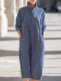 Vertical Stripe Stand-Collar Shirt Midi Dress
