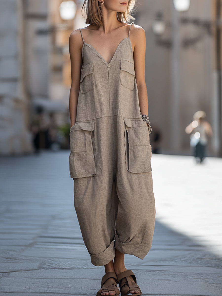 V-Neck Cargo Pocket Relaxed Jumpsuit