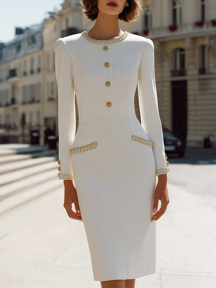Long-Sleeve Midi Dress With Gold Embellished Trim