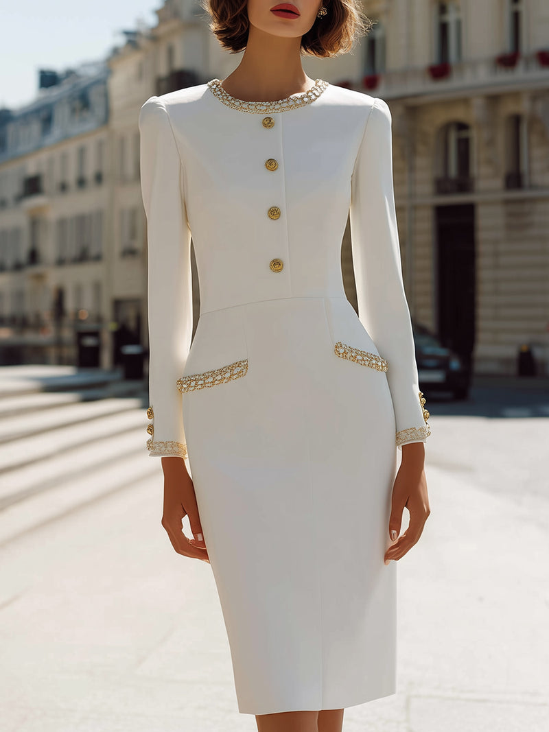 Long-Sleeve Midi Dress With Gold Embellished Trim