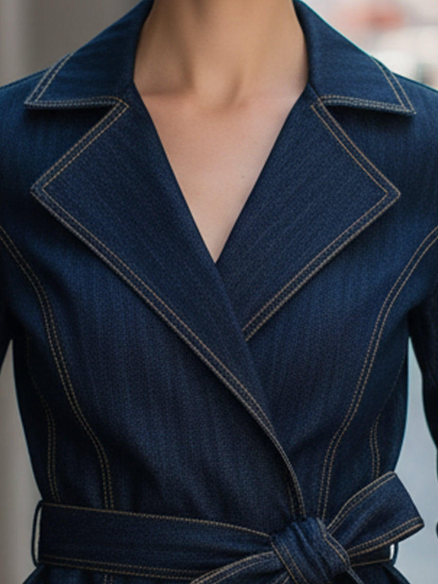 Denim Belted Wrap-Style Blazer With Contrast Stitching