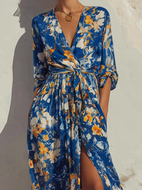 Abstract Floral V-Neck Wrap Tie Maxi Dress