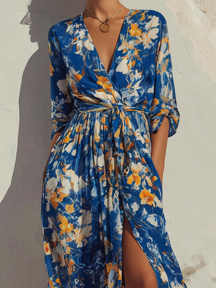 Abstract Floral V-Neck Wrap Tie Maxi Dress