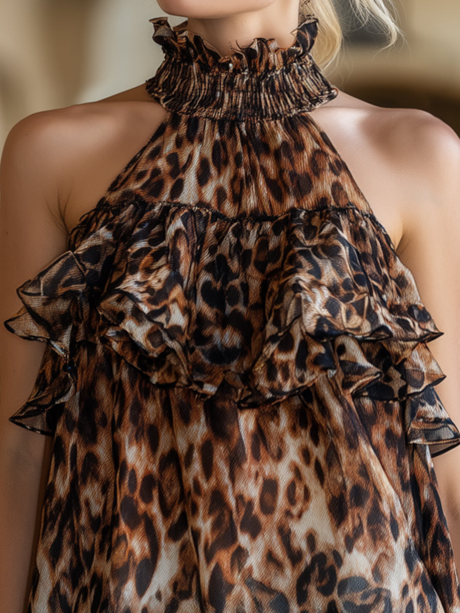 Leopard Print Ruffled High-Neck Halter Blouse