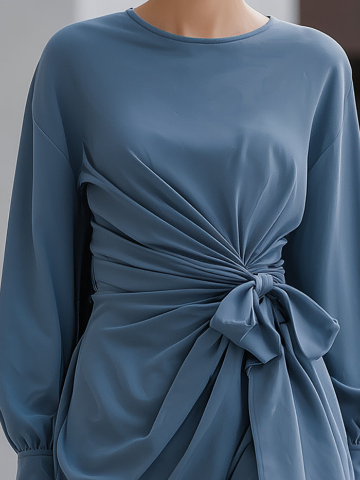Elegant Blue Draped Mini Dress With Front Tie Detail
