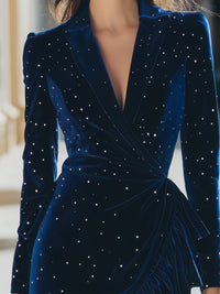 Navy Velvet Rhinestone Detail Wrap Dress
