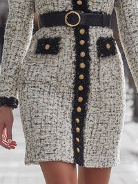 Gold Button Trim Tweed Belted Dress