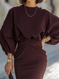 Elegant Burgundy Puff Sleeve Midi Dress