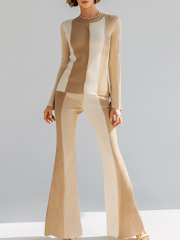 Contrast Color Crew Neck Knitted Top And Flared Pants Suit