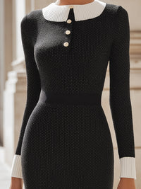 Knit Pencil Dress With White Contrast Collar And Cuffs