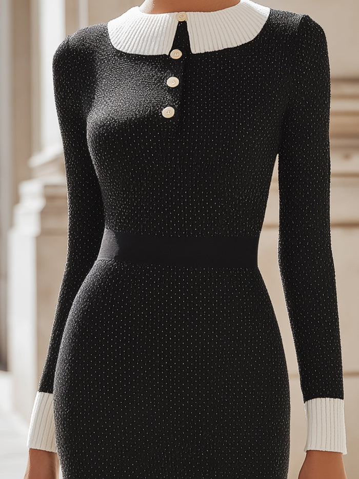 Knit Pencil Dress With White Contrast Collar And Cuffs