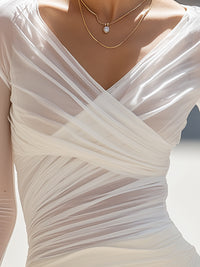 Sheer Ruched Mesh Long-Sleeve Draped Top