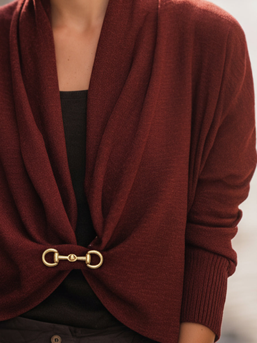 Burgundy Drape-Front Knit Cardigan With Gold Clasp