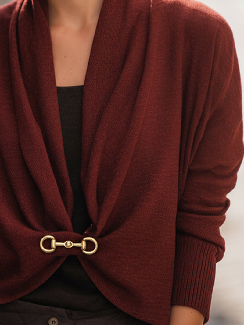 Burgundy Drape-Front Knit Cardigan With Gold Clasp