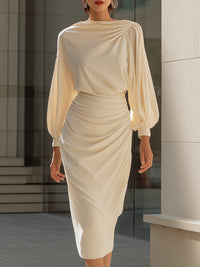 Champagne Draped Satin Midi Dress