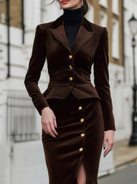 Velvet Tailored Jacket And Flared Hem Skirt Set With Gold Buttons